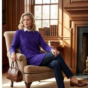 J. Jill Chenille Purple Cable Knit Crewneck Tunic Sweater Size M